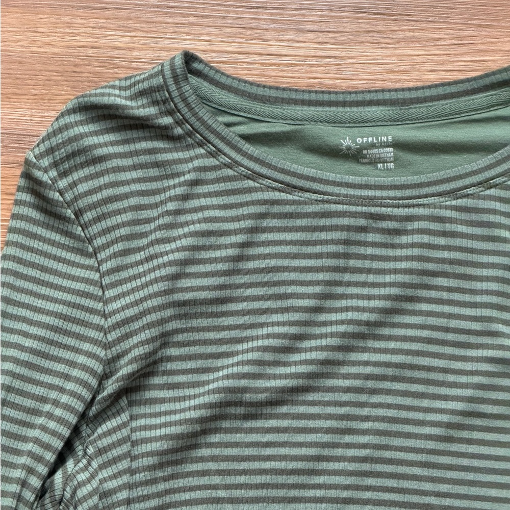 OFFLINE BY AERIE green stripe long sleeve crop athletic shirt